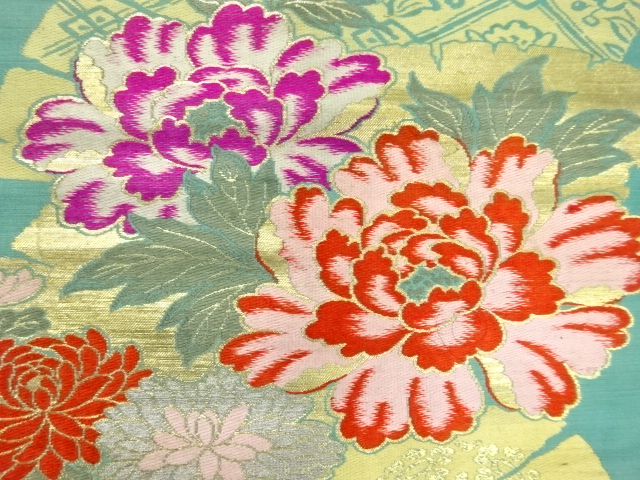 アンティーク　牡丹に菊模様織り出し名古屋帯